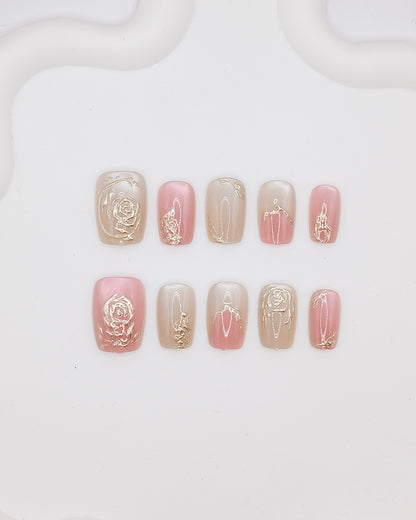 Short Coffin Pink Gold Embossed Rose Press On Nails