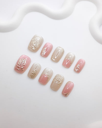 Short Coffin Pink Gold Embossed Rose Press On Nails