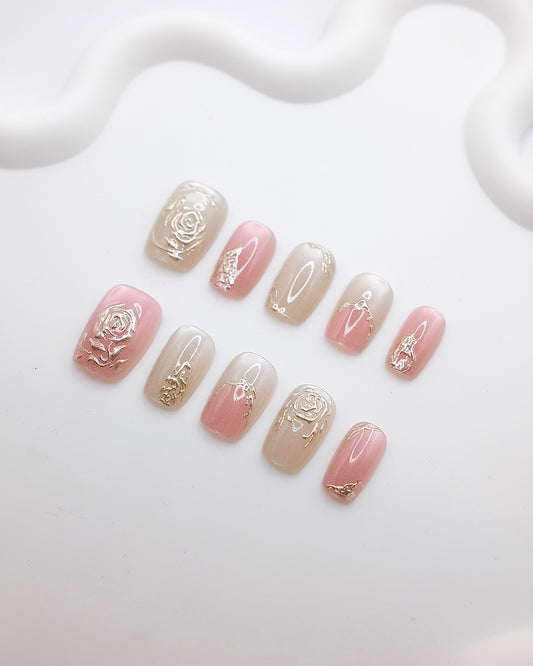 Short Coffin Pink Gold Embossed Rose Press On Nails