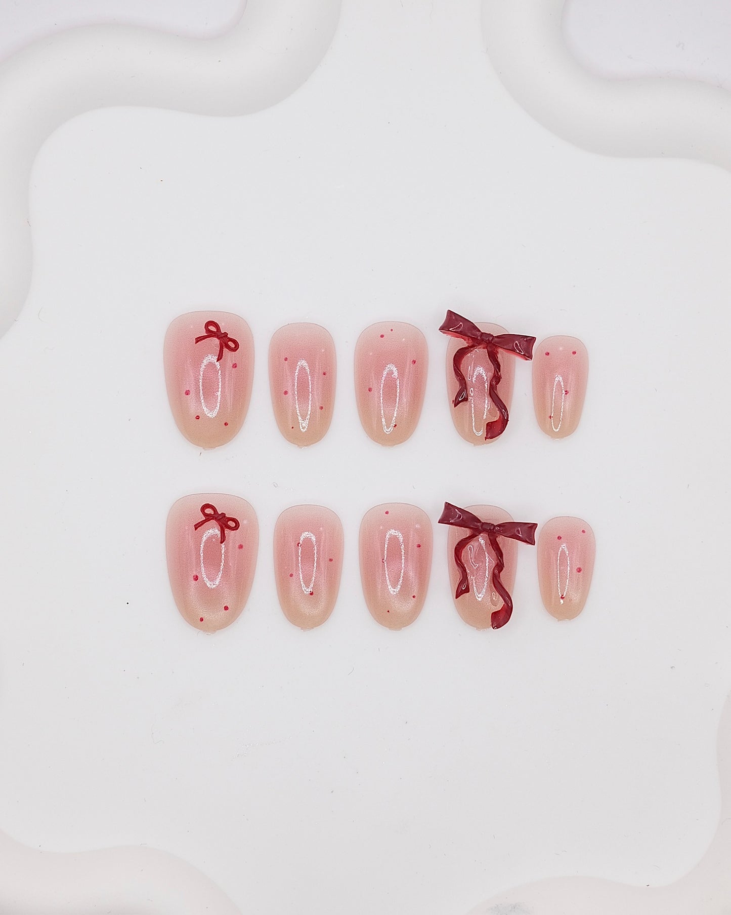 Short Oval Pink & Red Bowtie Press On Nails
