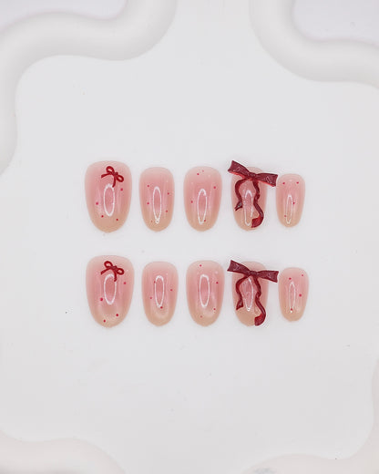 Short Oval Pink & Red Bowtie Press On Nails