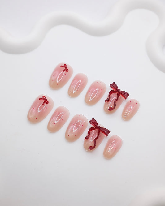Short Oval Pink & Red Bowtie Press On Nails