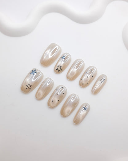 Mid-Long Oval Pearl White Cateye Stars Press On Nails