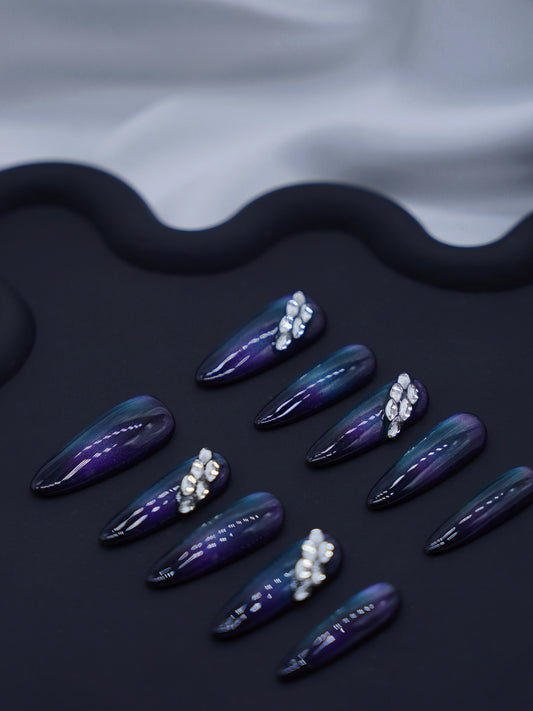 Extra Long Almond Dark Galaxy With Sky Diamond Press On Nails