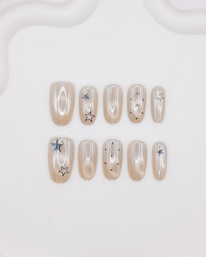 Mid-Long Oval Pearl White Cateye Stars Press On Nails