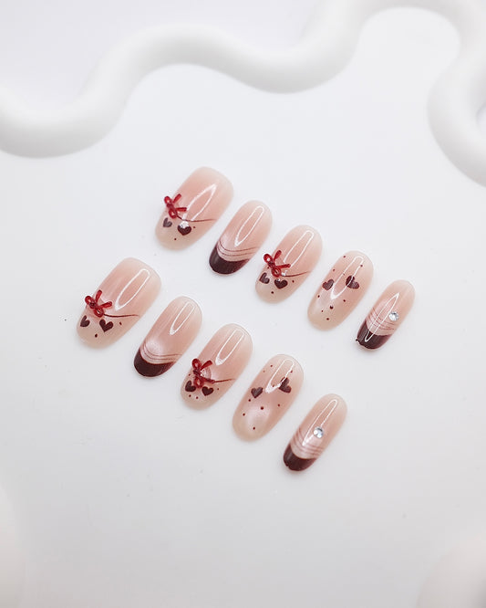 Mid-Long Oval Nude Color & Red Bowtie Press On Nails