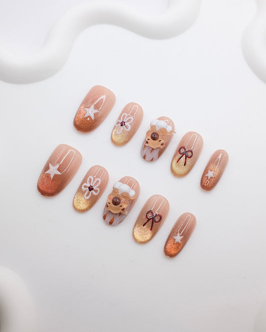 Mid-Long Oval Caramel Capybara Press On Nails