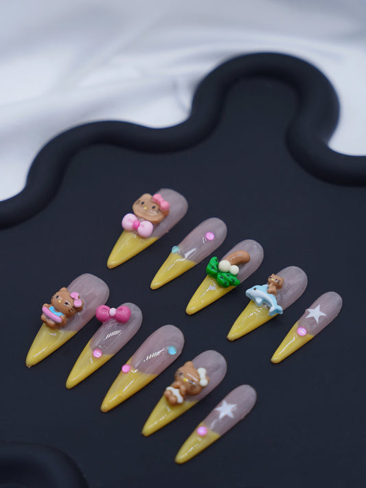 Extra Long Stiletto Pink & Yellow Hello Kitty with Dolphin Press On Nails