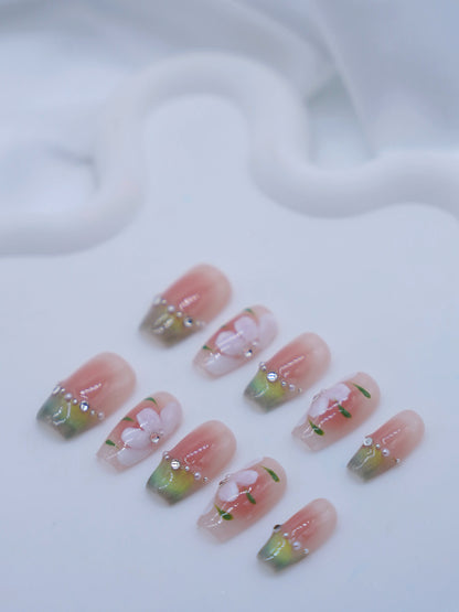 Mid-Long Coffin Pink & Green With Daisy Diamond