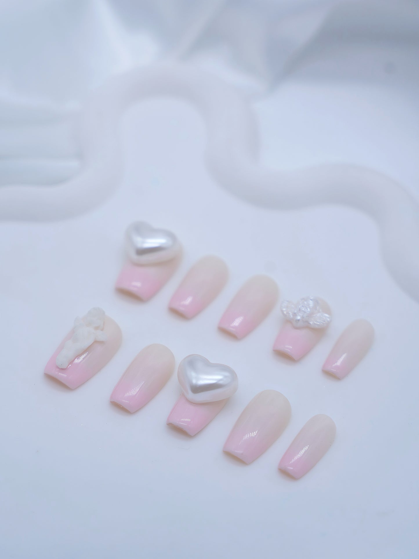 Mid-Long Coffin Pink Cupid & Love Heart Press On Nails