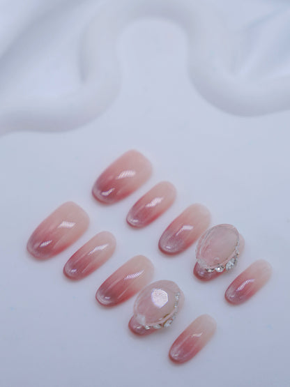 Mid-Long Oval Pink Peach & Gem Press On Nails