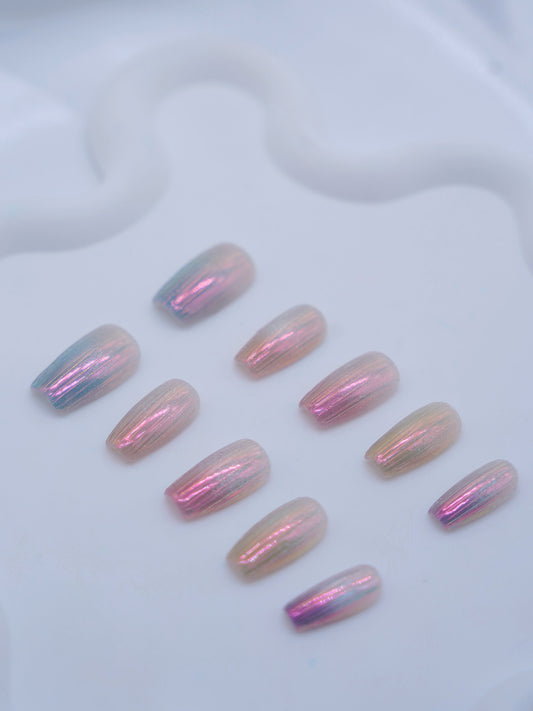 Mid-Long Coffin Pink & Purple Embossed Lines Press On Nails