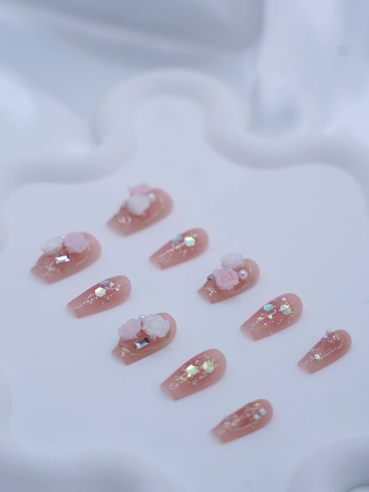 Mid-Long Coffin Pink 3D Flower Accessories & Diamond Press On Nails