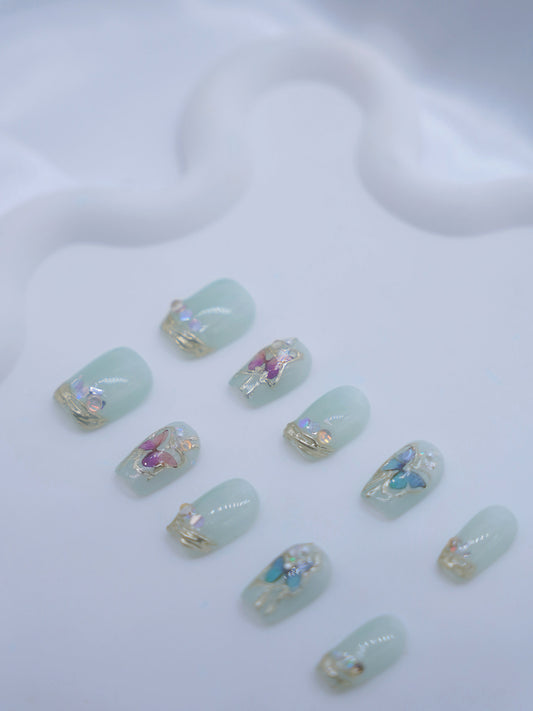 Short Coffin Jade Butterfly Press On Nails