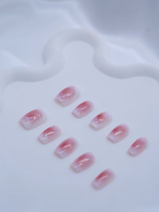 Short Coffin Cateye White & Pink Press On Nails