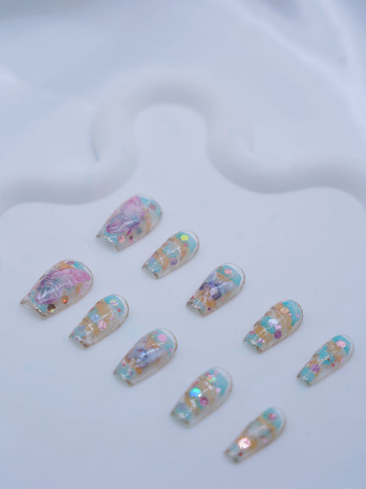 Mid-Long Coffin Shiny Colorful Butterfly Press On Nails