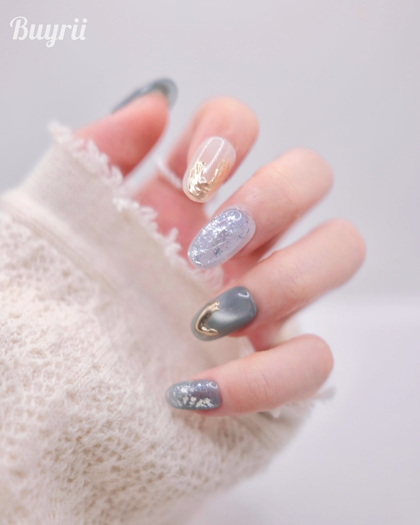 Mid-Long Oval White & Blue With Embossed Flower Press On Nails