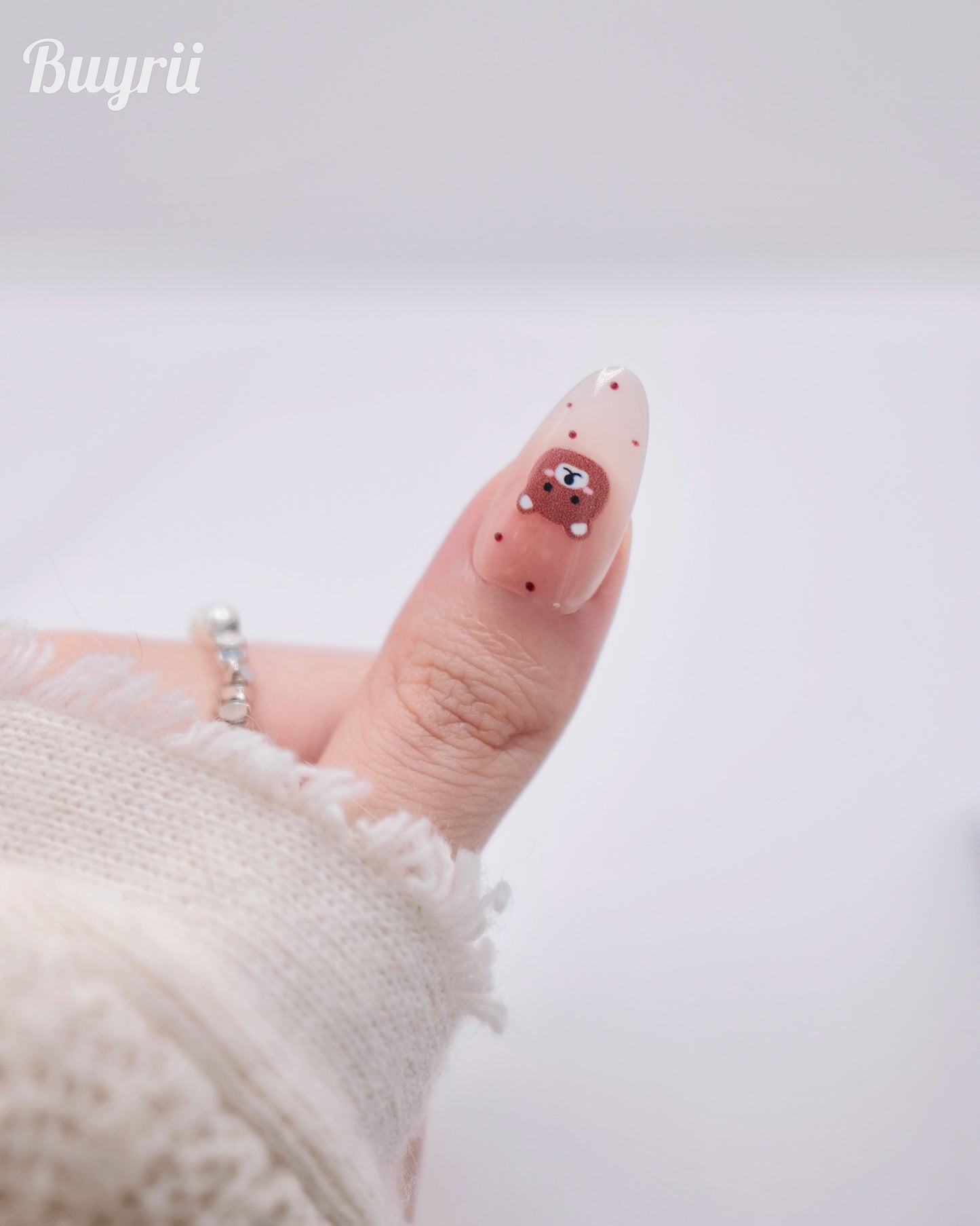 Mid-Long Oval Nude Color Cute Bear With Bowtie Press On Nails