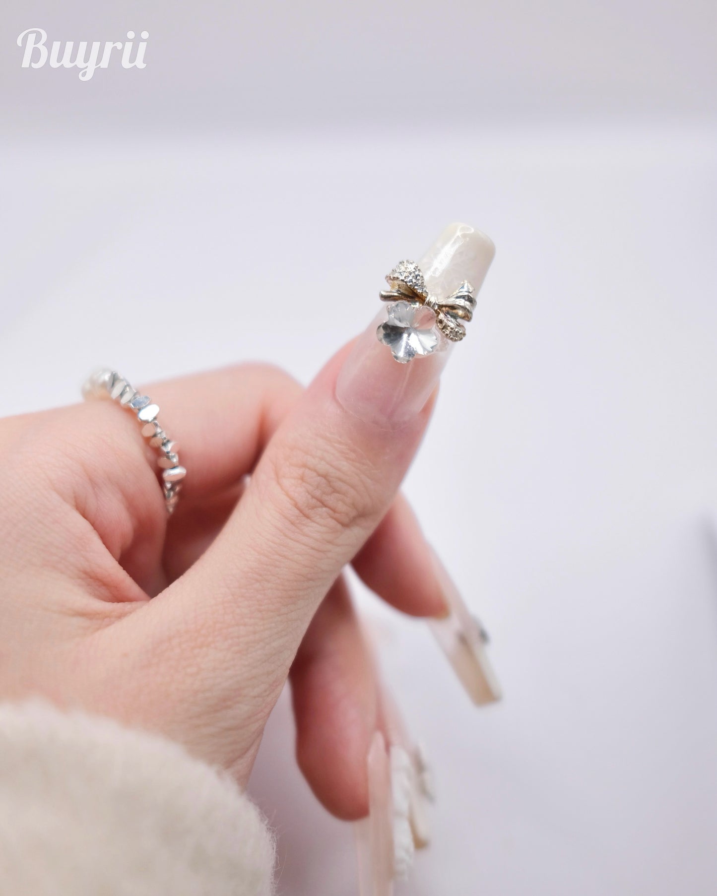 Extra Long Coffin White Diamond Christmas Fairy Press On Nails