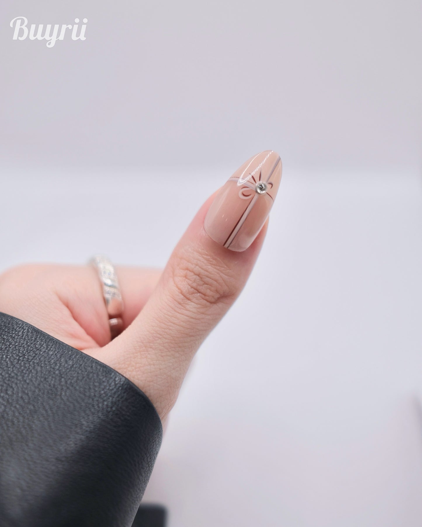 Long Almond Brown Bowtie Winter Season Press On Nails