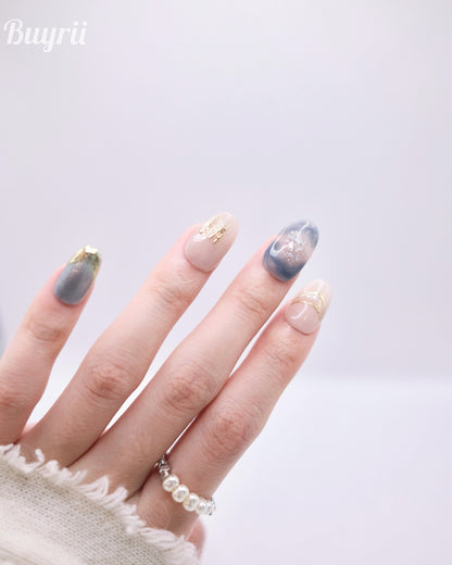 Mid-Long Oval Colorful With Embossed Flower Press On Nails