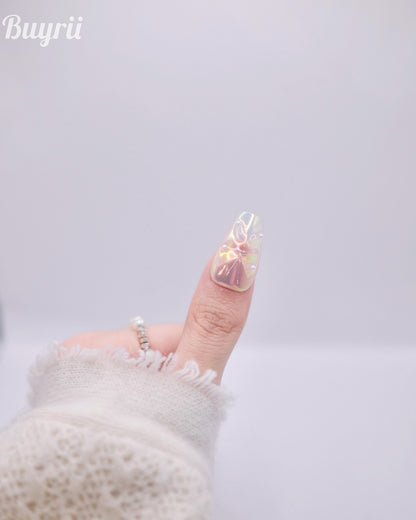 Long Coffin Pink Butterfly With Pearl French Manicure Press On Nails