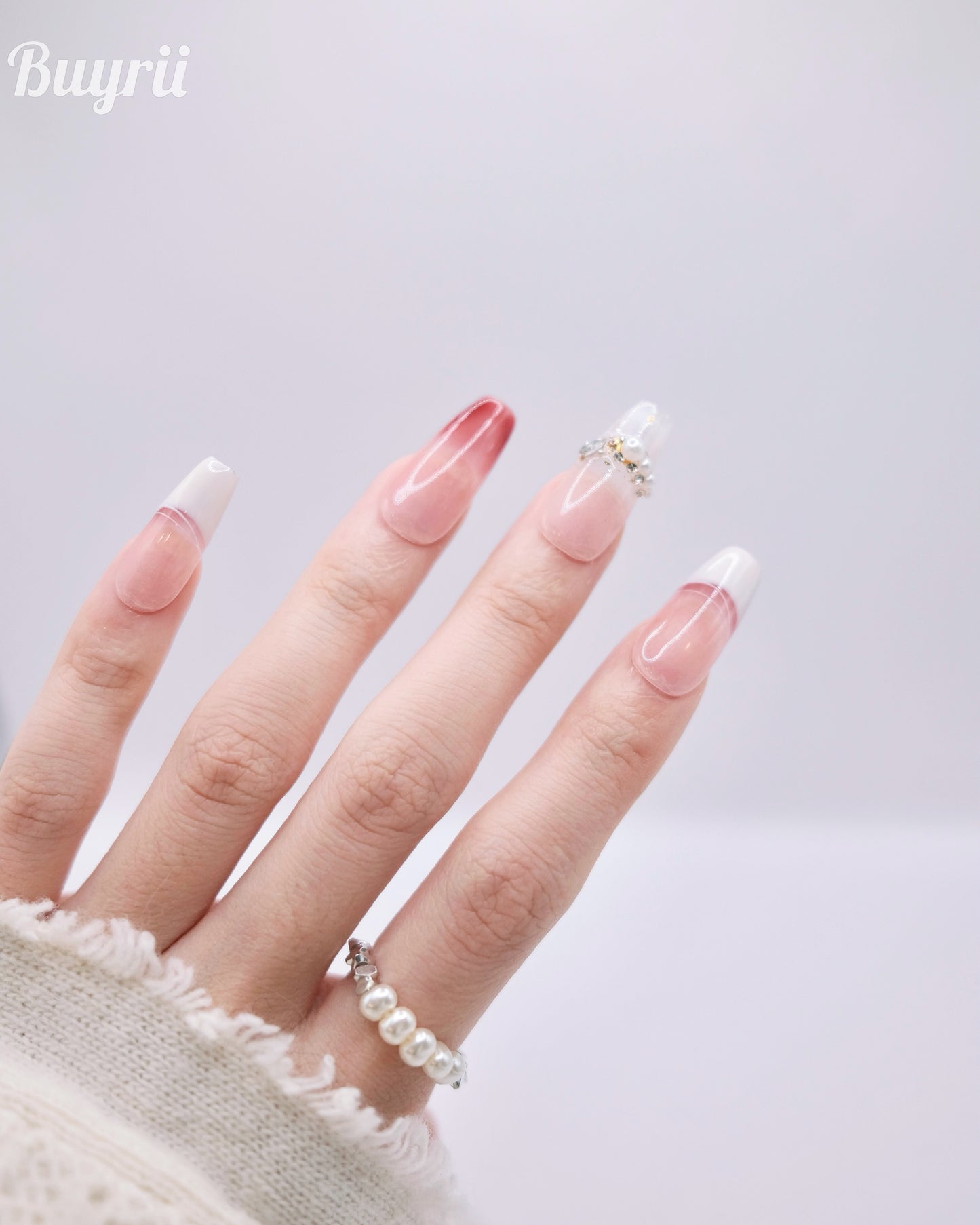 Long Coffin Pink Butterfly With Pearl French Manicure Press On Nails