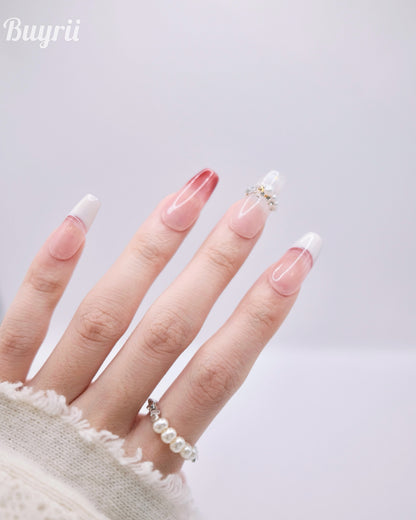 Long Coffin Pink Butterfly With Pearl French Manicure Press On Nails