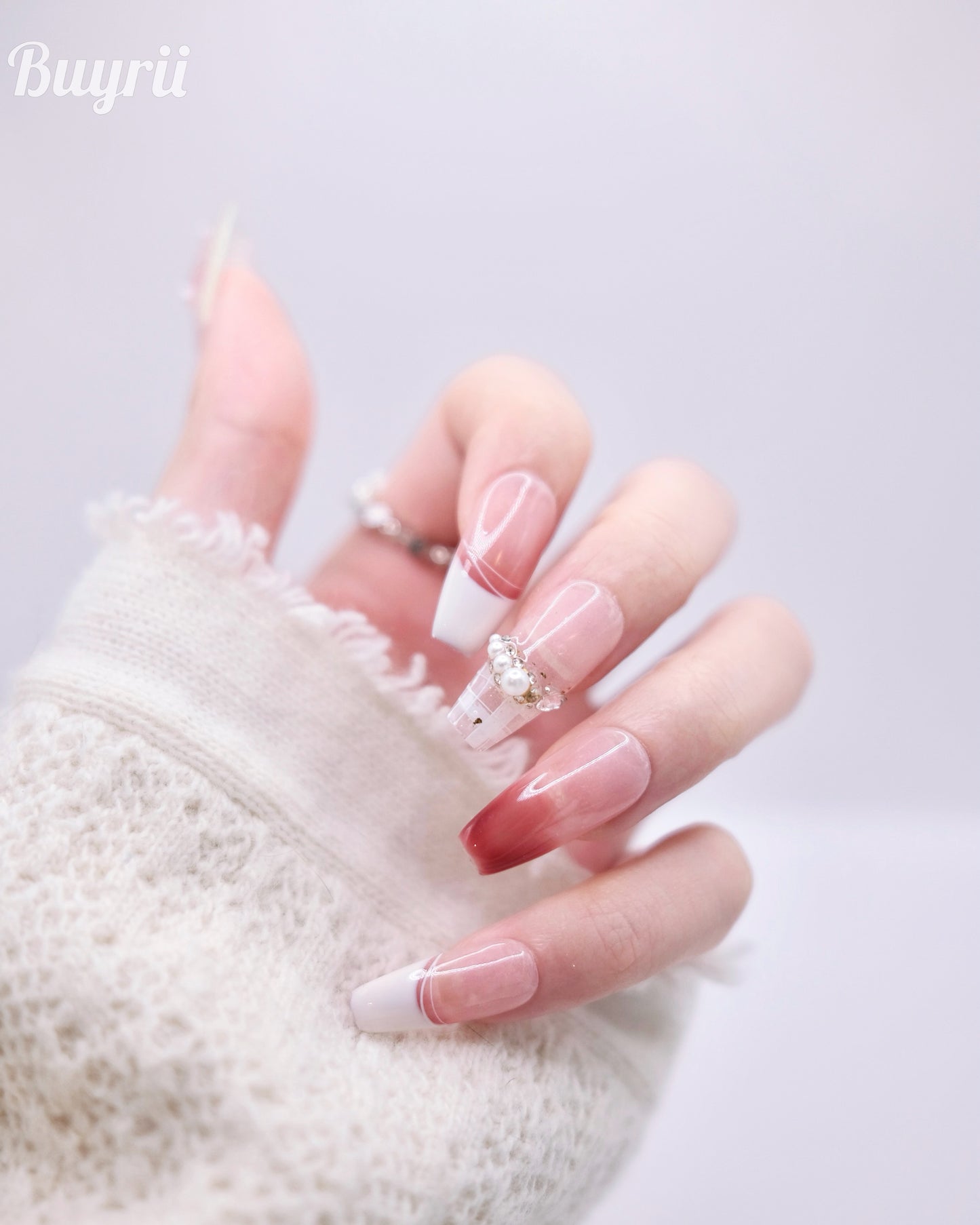 Long Coffin Pink Butterfly With Pearl French Manicure Press On Nails