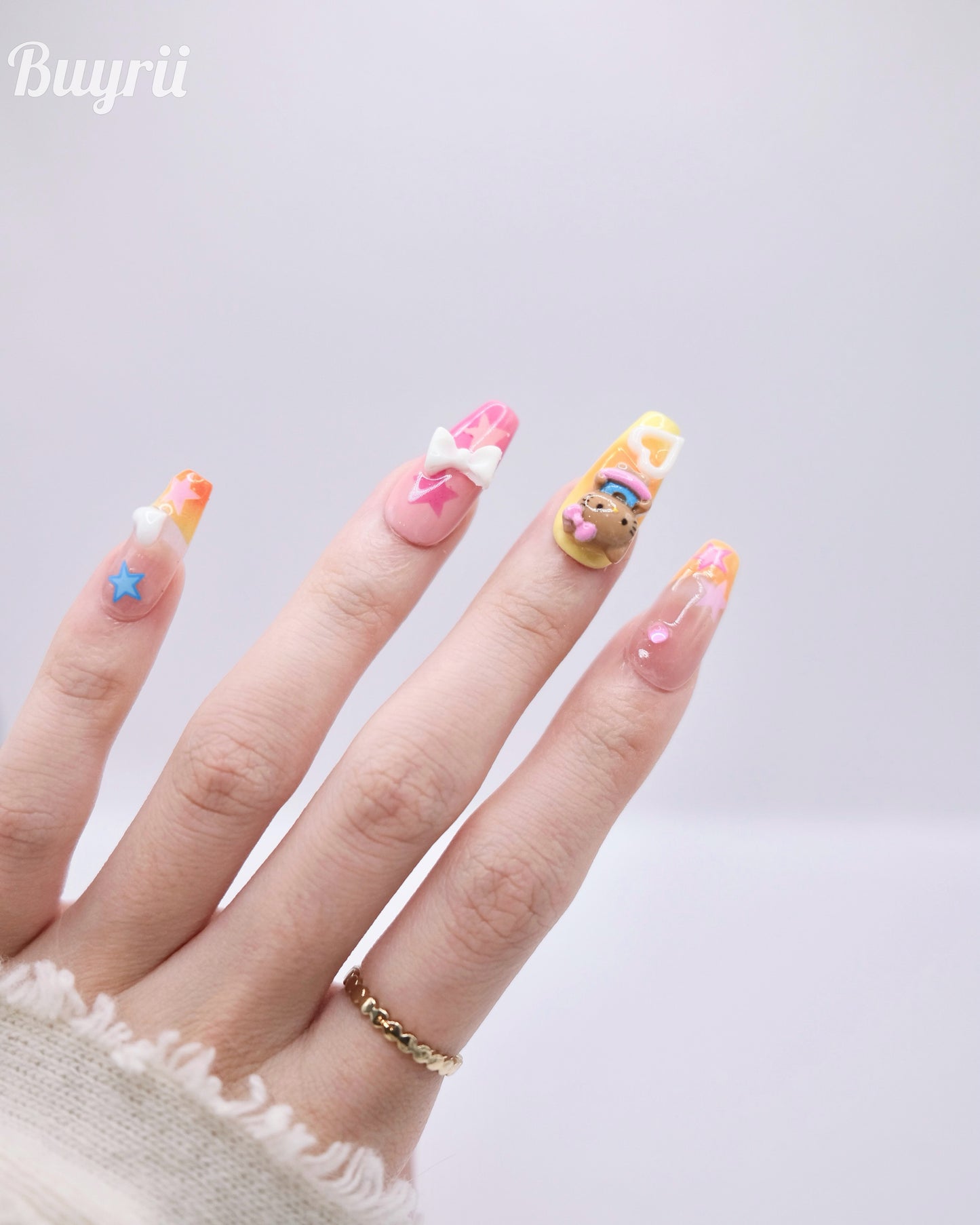 Long Coffin Colorful Summer Time Hello Kitty Press On Nails