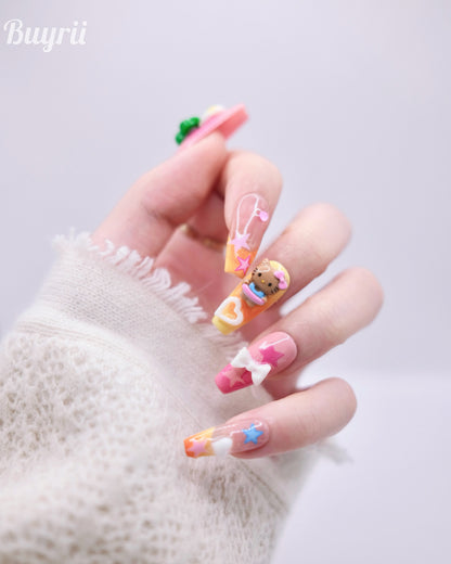 Long Coffin Colorful Summer Time Hello Kitty Press On Nails
