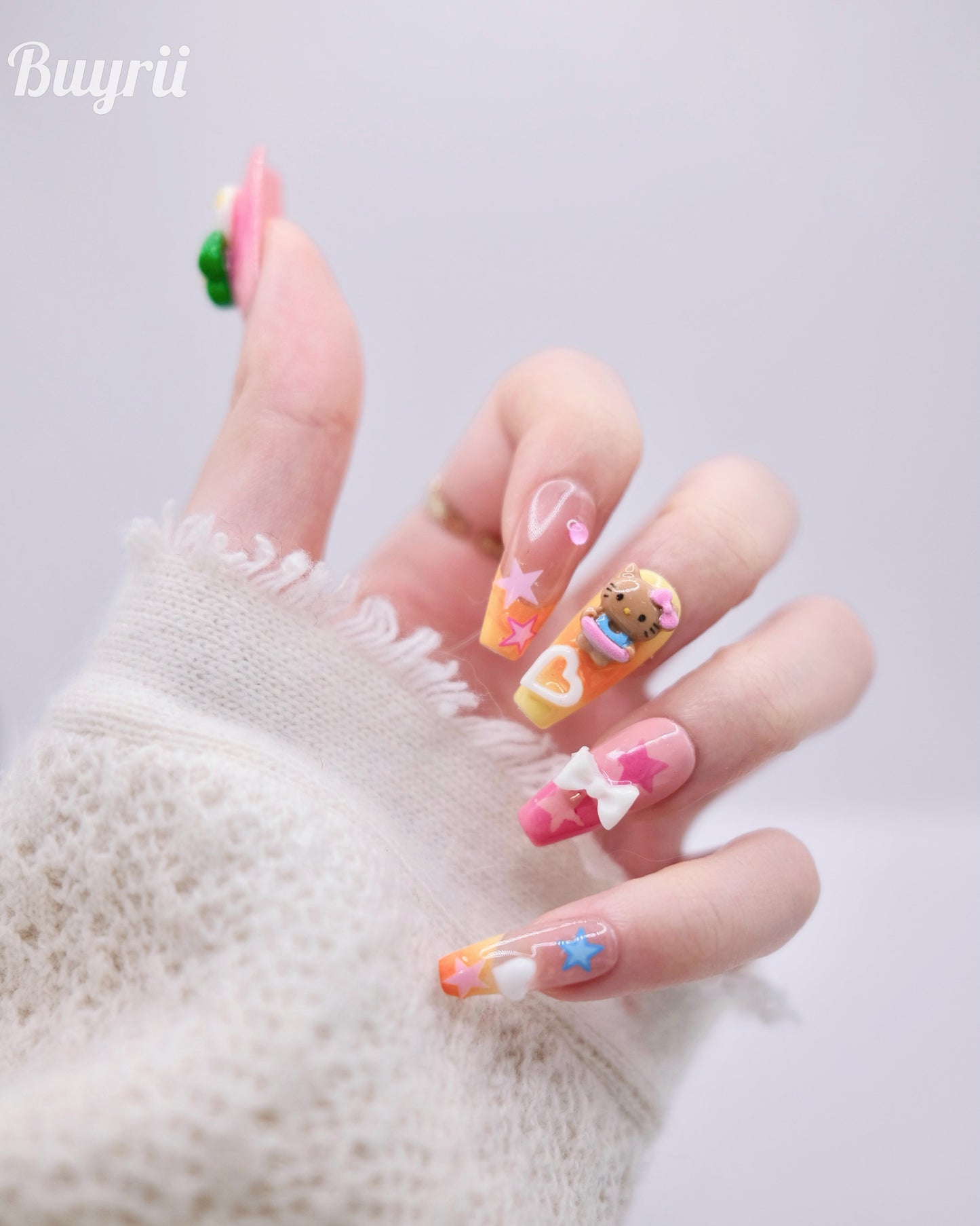 Long Coffin Colorful Summer Time Hello Kitty Press On Nails