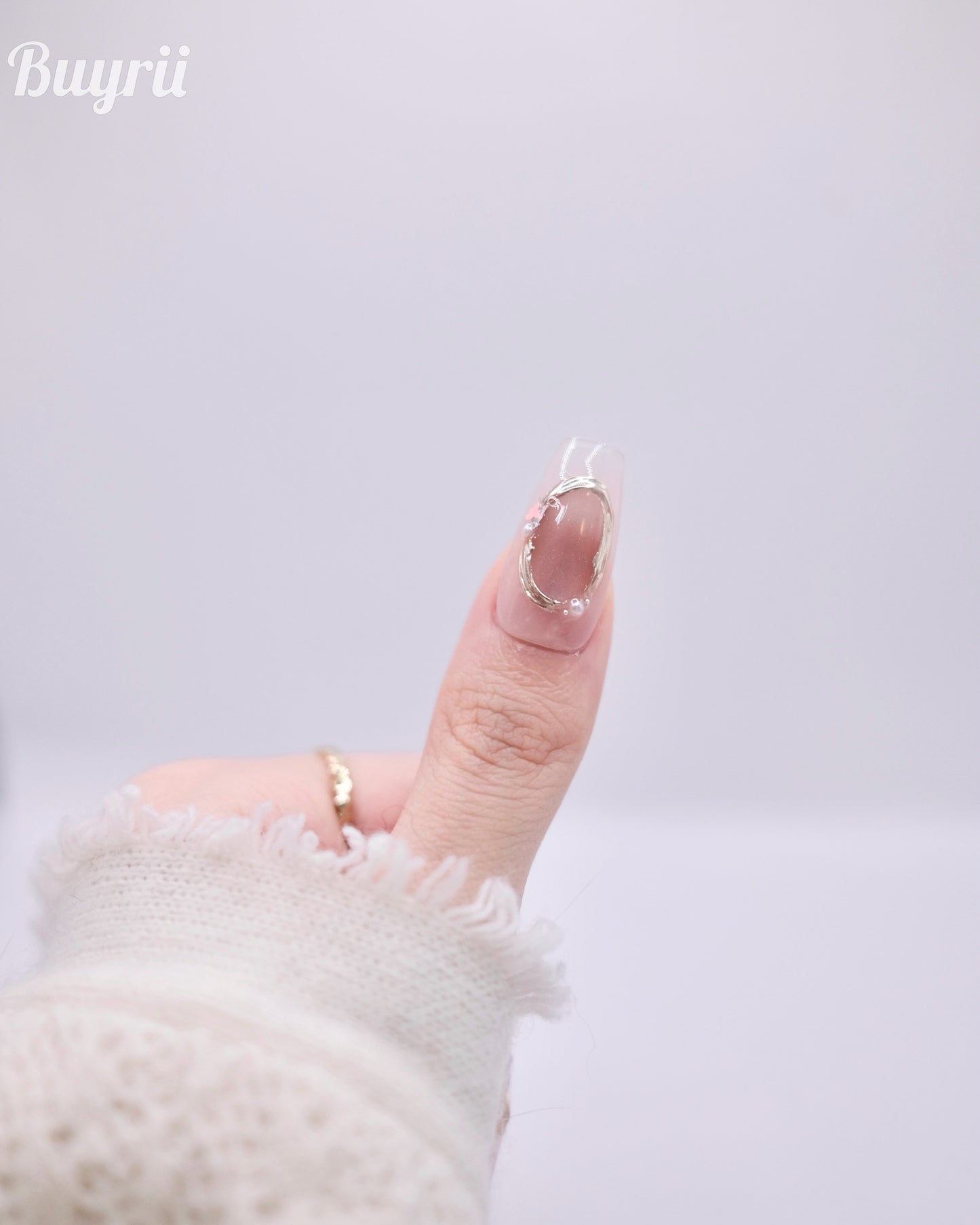Long Coffin Pink Pearl & Diamond Press On Nails