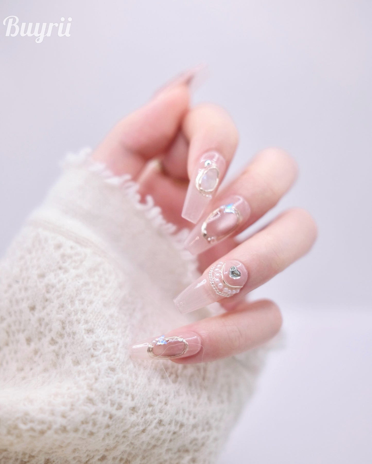 Long Coffin Pink Pearl & Diamond Press On Nails