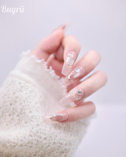 Long Coffin Pink Pearl & Diamond Press On Nails