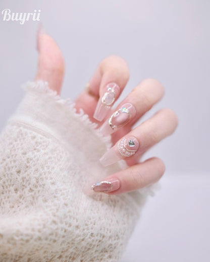 Long Coffin Pink Pearl & Diamond Press On Nails