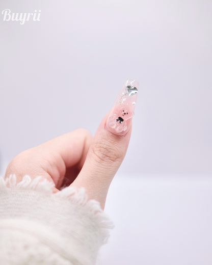 Long Coffin Pink 3D Cute Bear & Bow Tie With Diamond