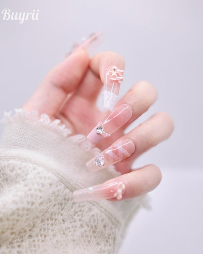 Long Coffin Pink 3D Cute Bear & Bow Tie With Diamond