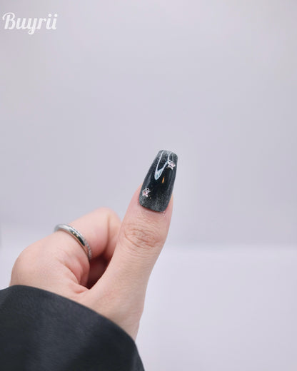 Long Coffin Shiny Silver & Black Punk Accessories with Diamond Press On Nails