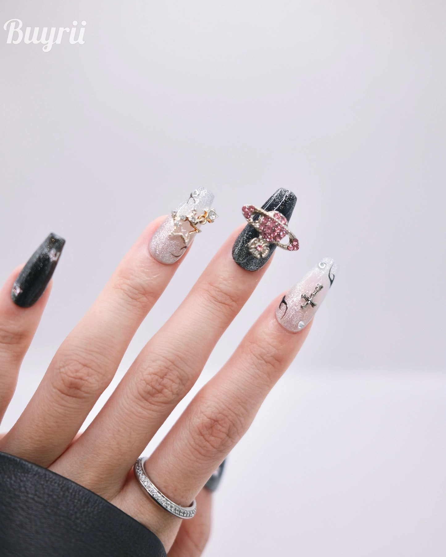Long Coffin Shiny Silver & Black Punk Accessories with Diamond Press On Nails