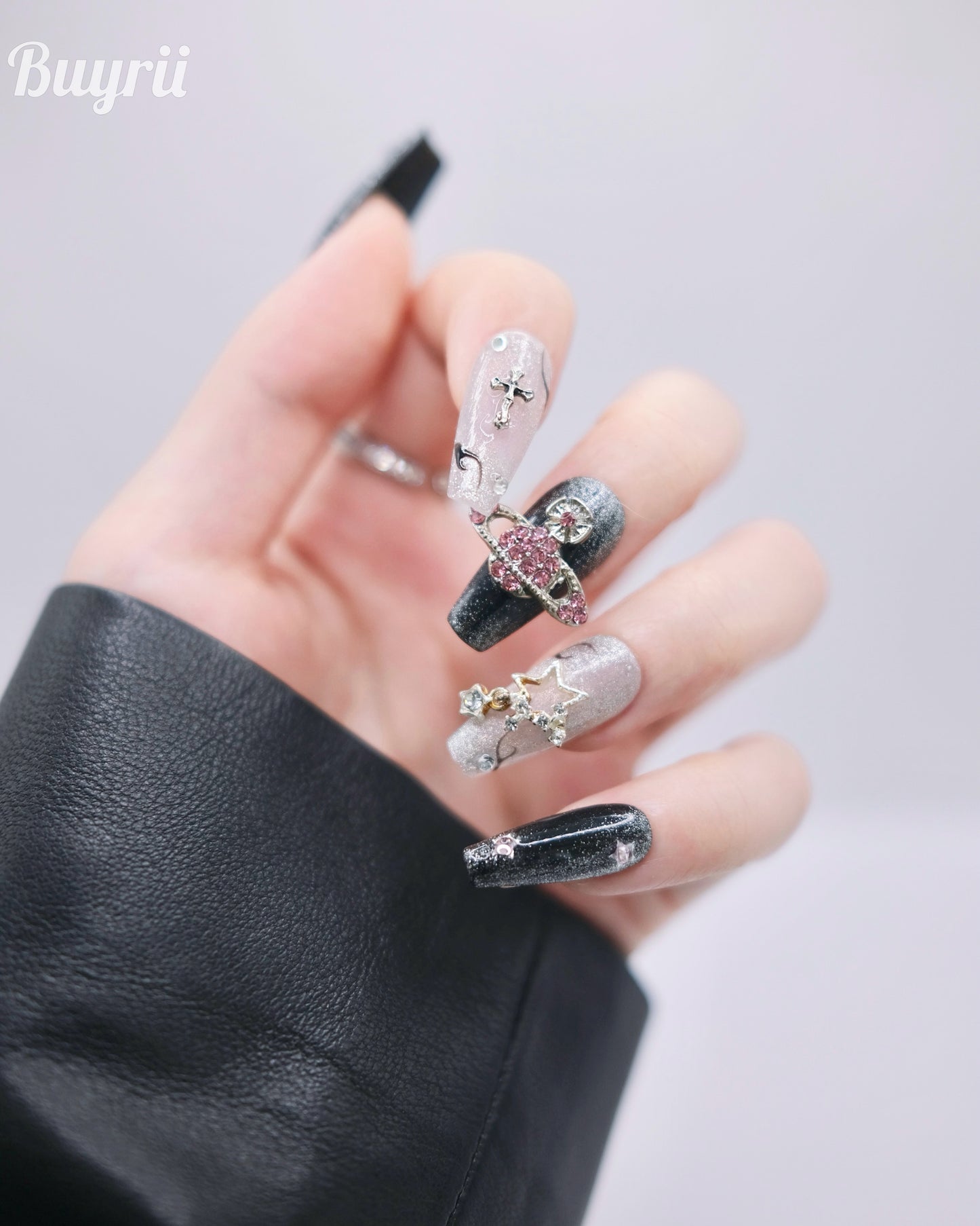Long Coffin Shiny Silver & Black Punk Accessories with Diamond Press On Nails