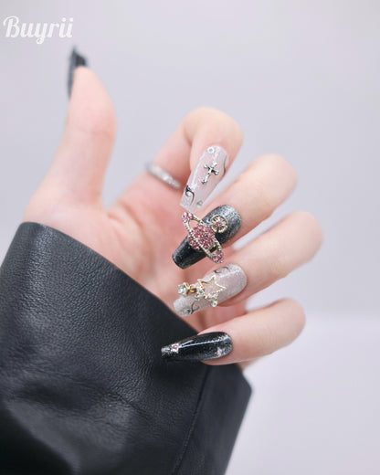 Long Coffin Shiny Silver & Black Punk Accessories with Diamond Press On Nails