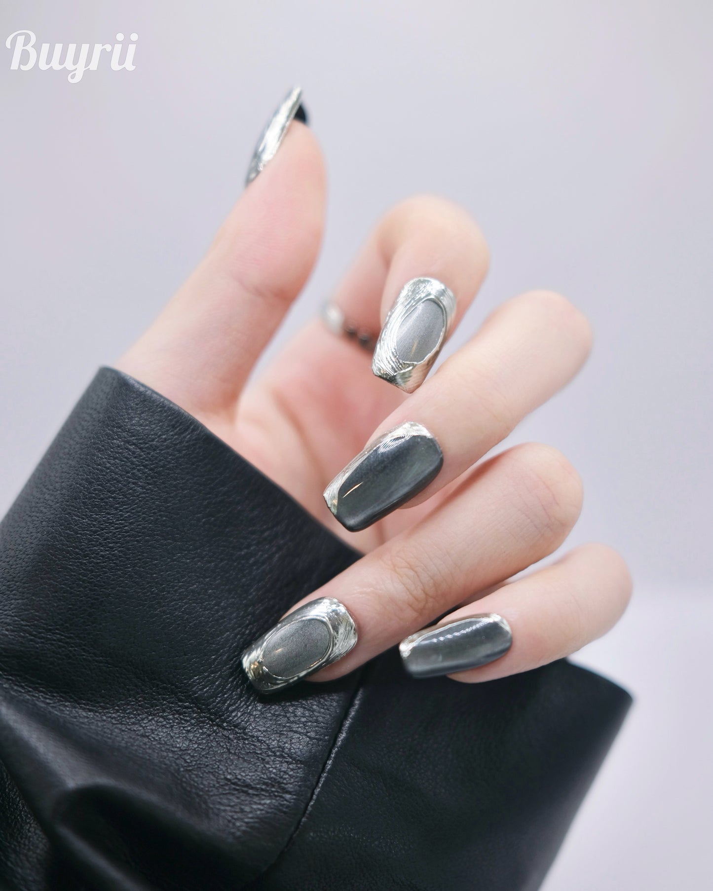 Mid-Long Coffin Black & Silver Magic Mirror Press On Nails