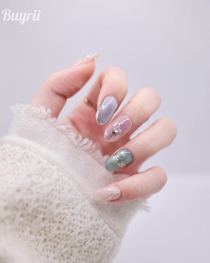 Mid-Long Colorful Oval Cateye With Embossed Gold Press On Nails