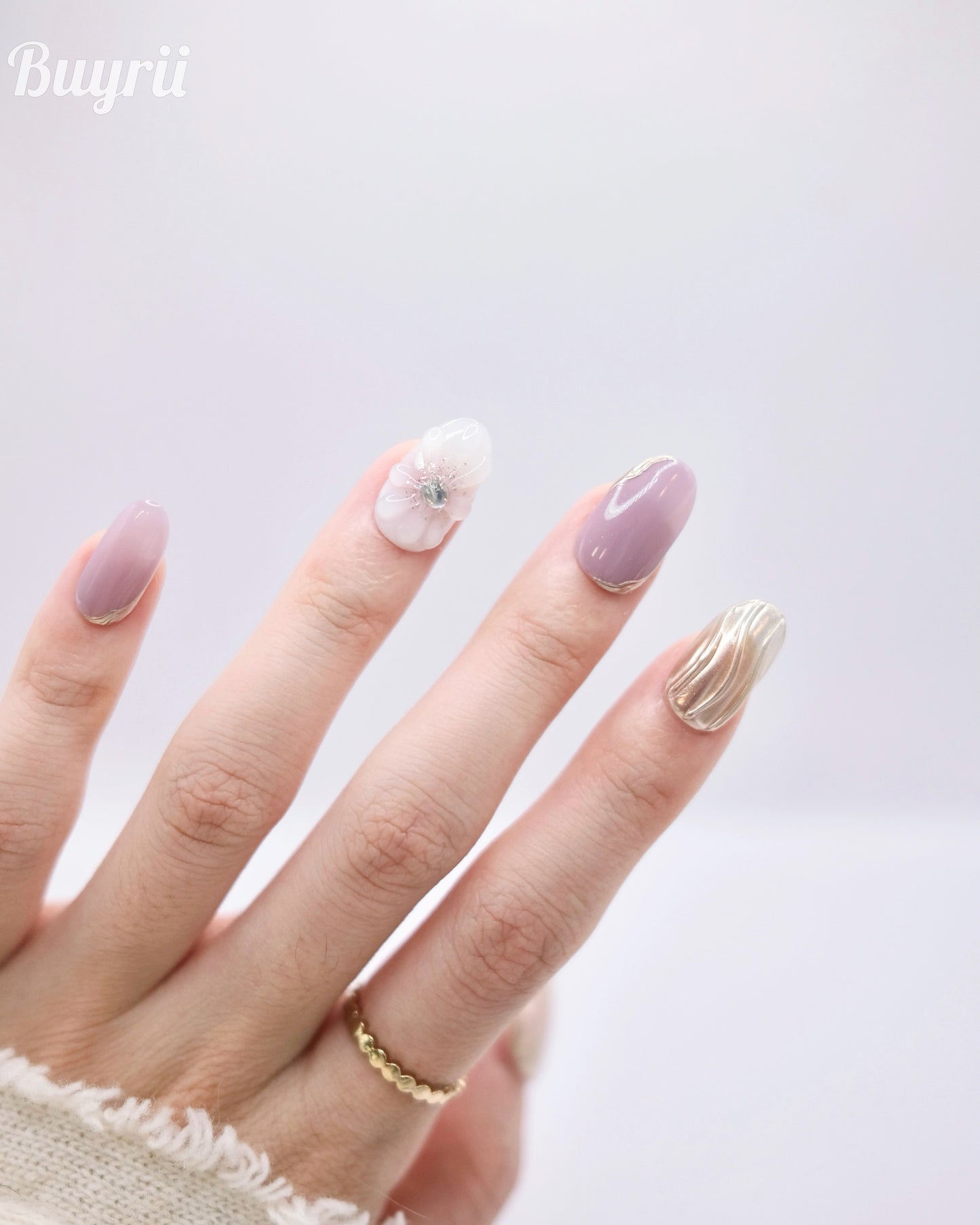 Mid-Long Oval White & Purple Embossed Flower Press On Nails