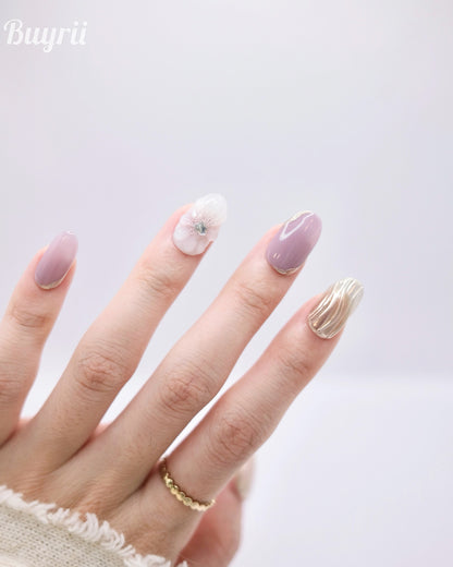 Mid-Long Oval White & Purple Embossed Flower Press On Nails