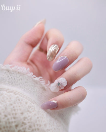 Mid-Long Oval White & Purple Embossed Flower Press On Nails