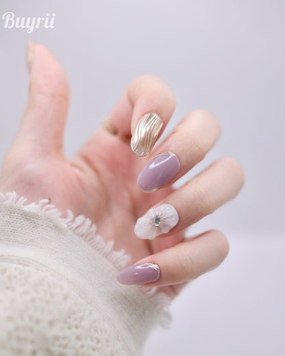 Mid-Long Oval White & Purple Embossed Flower Press On Nails