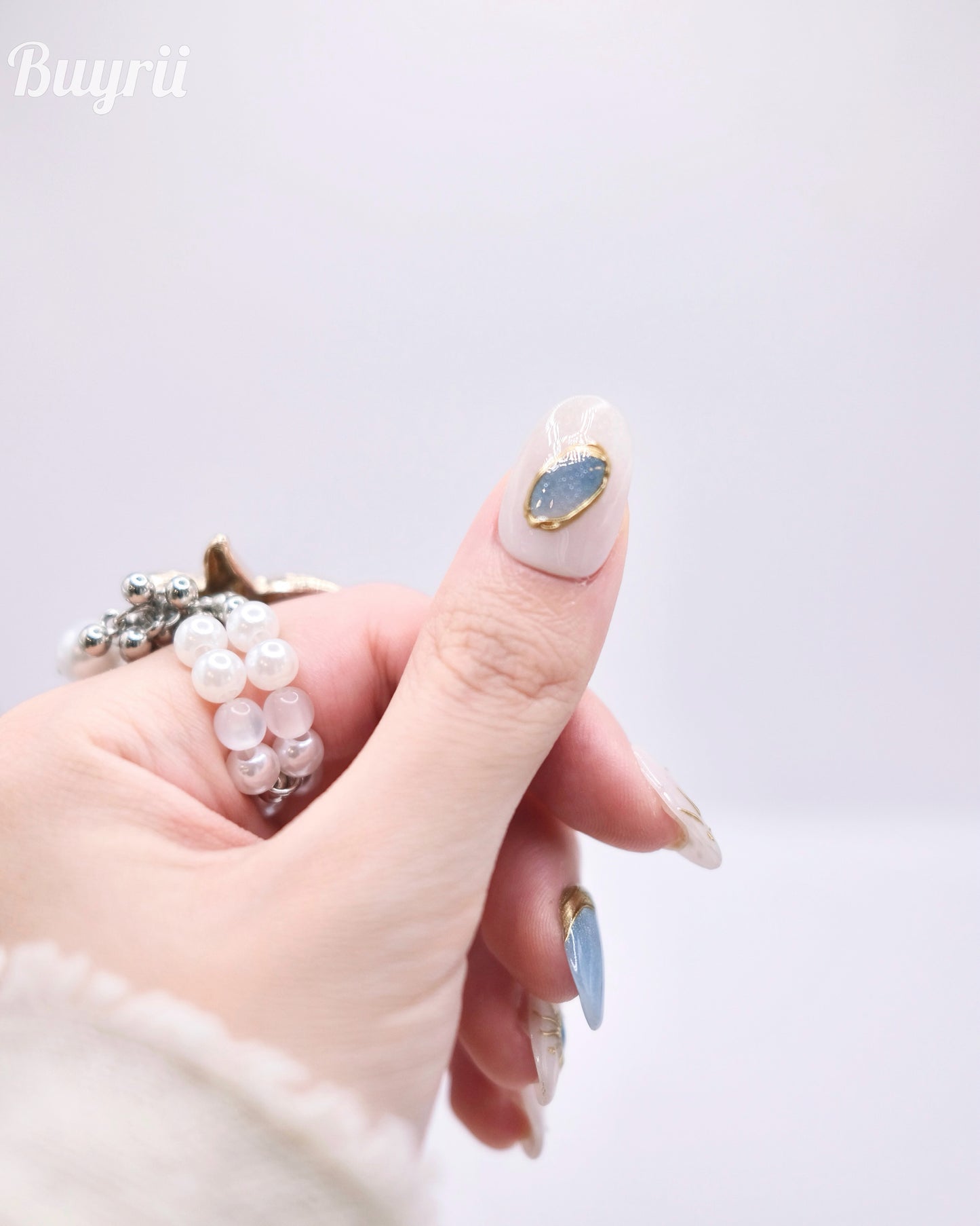 Mid-Long Oval White & Blue With Embossed Helios Press On Nails