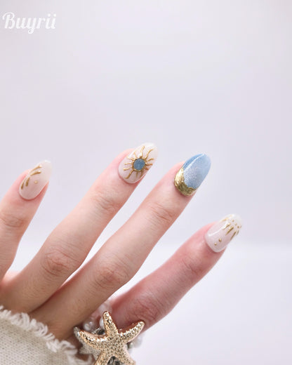 Mid-Long Oval White & Blue With Embossed Helios Press On Nails